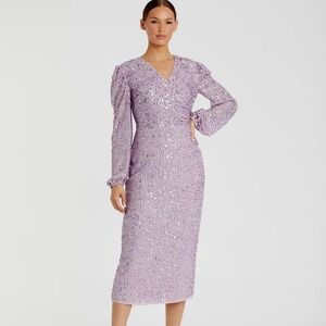 Size 2 NWT Mac Duggal Purple Sequined Illusion Puff Sleeve V-Neck Midi Dress